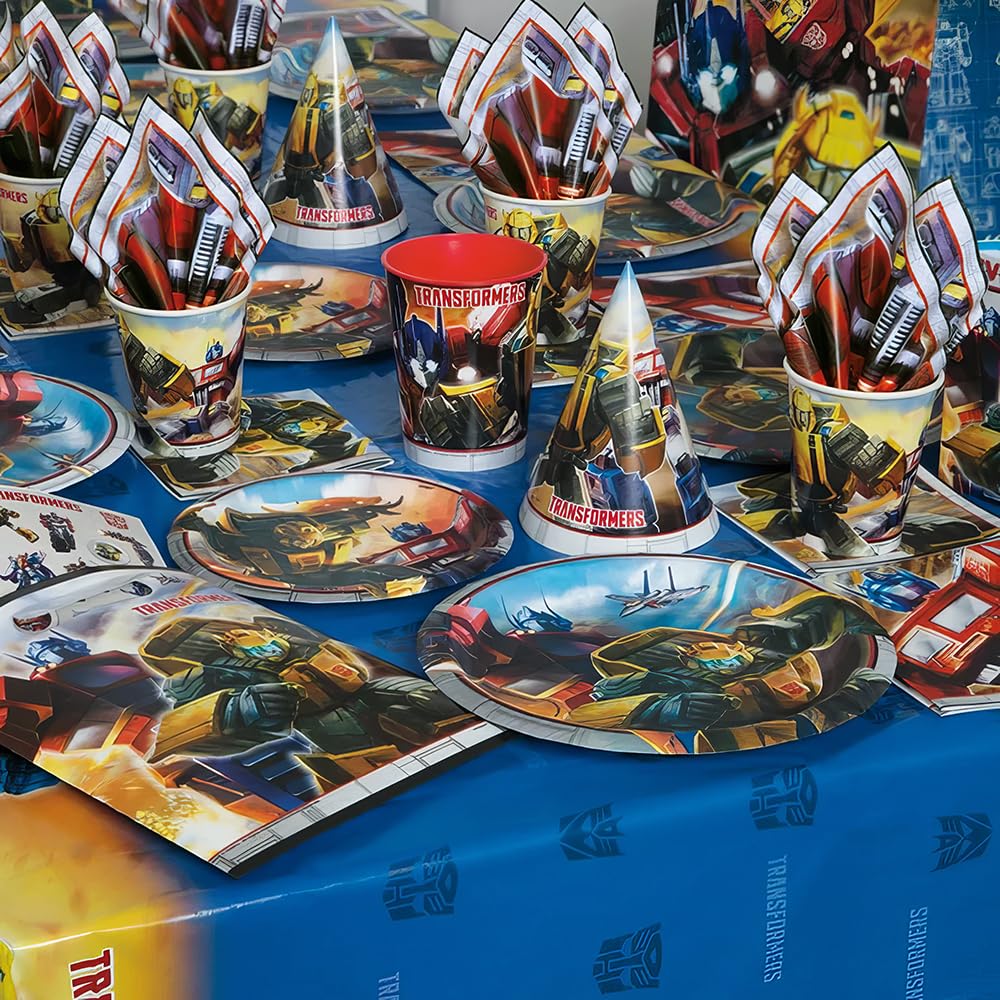 Unique Transformers table cover Bumblebee and Optimus Prime design ideal for vehicle party decor