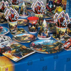 Unique Transformers table cover Bumblebee and Optimus Prime design ideal for vehicle party decor