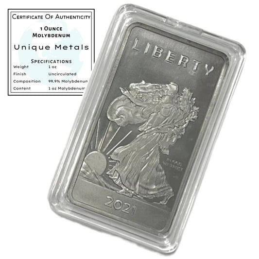 Unique Metals Molybdenum Bar Walking Liberty front for elegant display and collection
