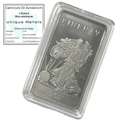 Unique Metals Molybdenum Bar Walking Liberty front for elegant display and collection