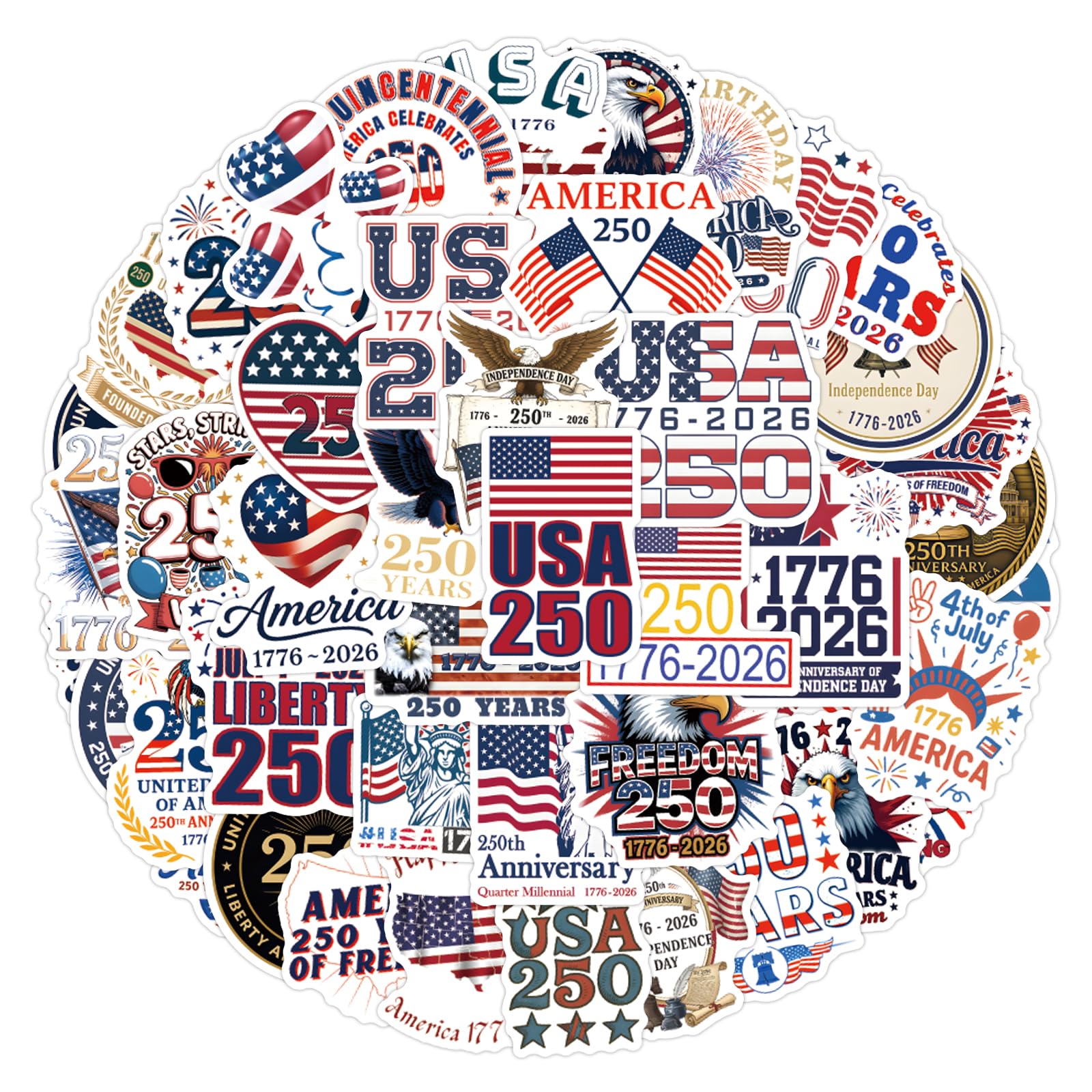 United States 250th Anniversary sticker on a water bottle, vibrant and weather-resistant