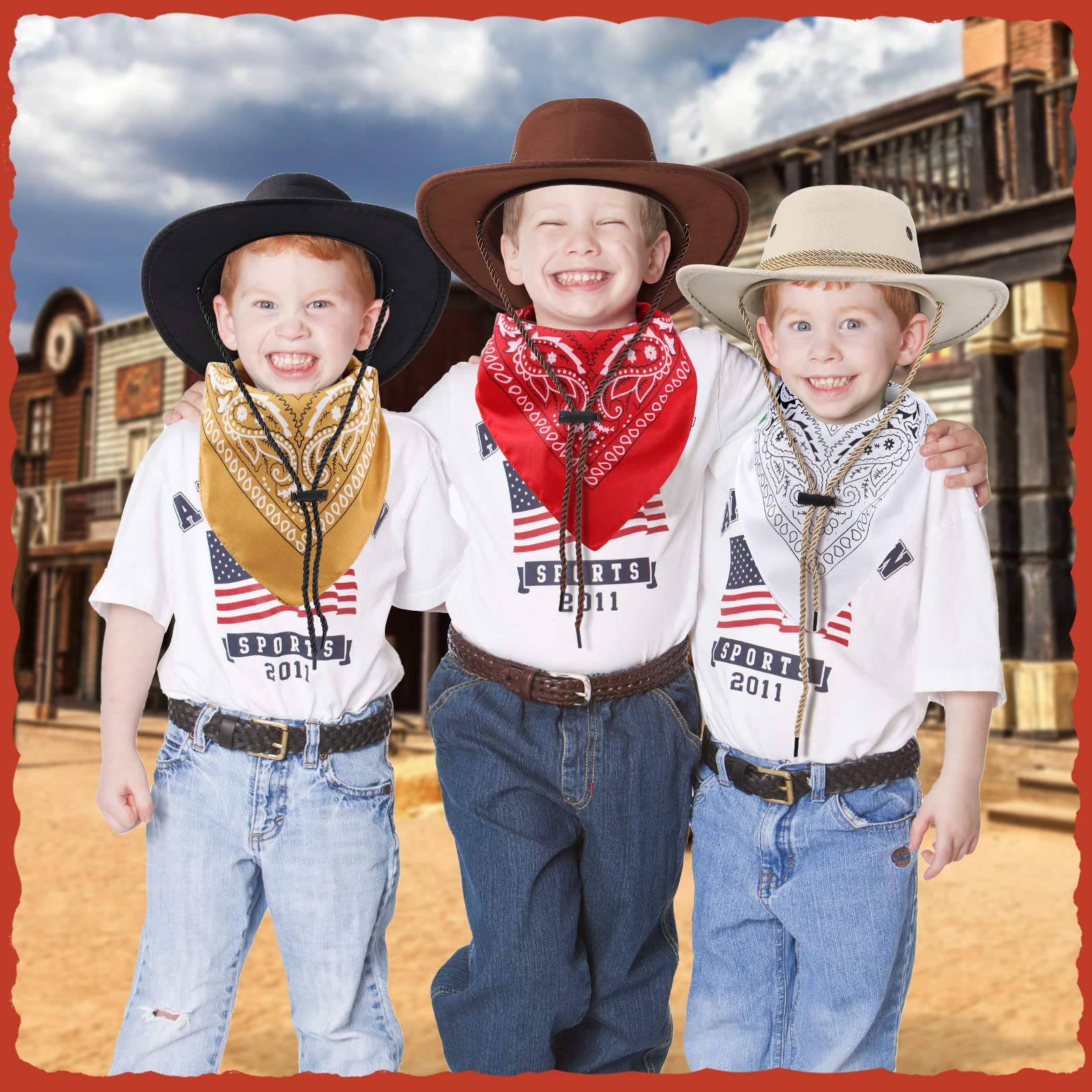 Unittype kids wearing cowboy hats and bandannas for western fun