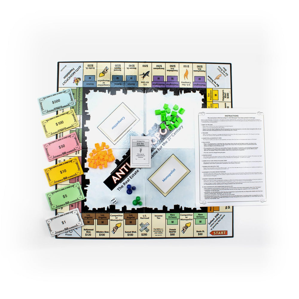 Close-up of the Anti-Monopoly board highlighting market mechanics in play