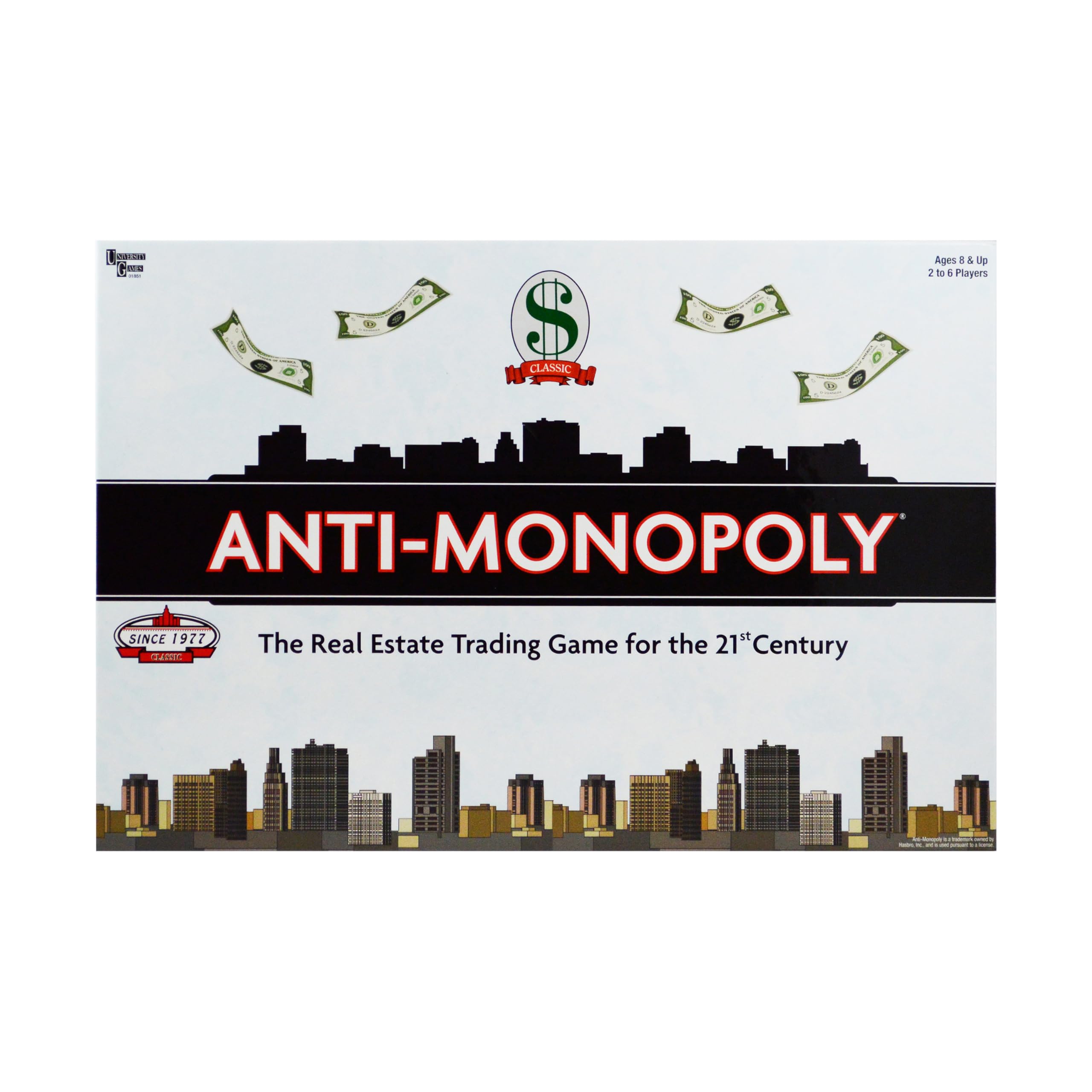 Box-front of University Games Anti-Monopoly for quick setup and reveal