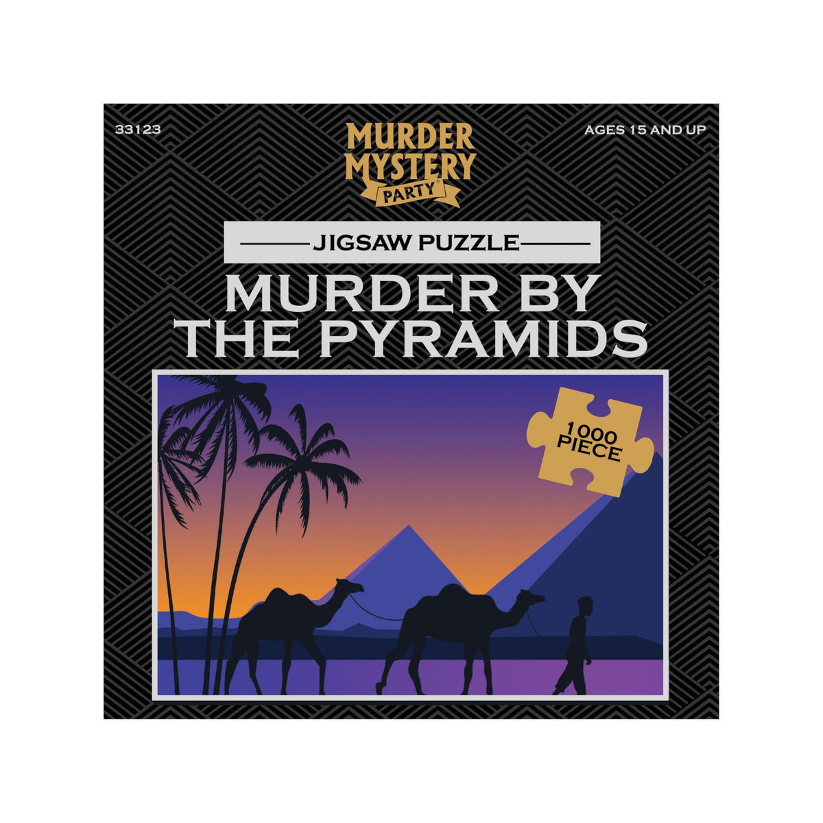 University Games' Murder by The Pyramids puzzle box front, intriguing mystery.