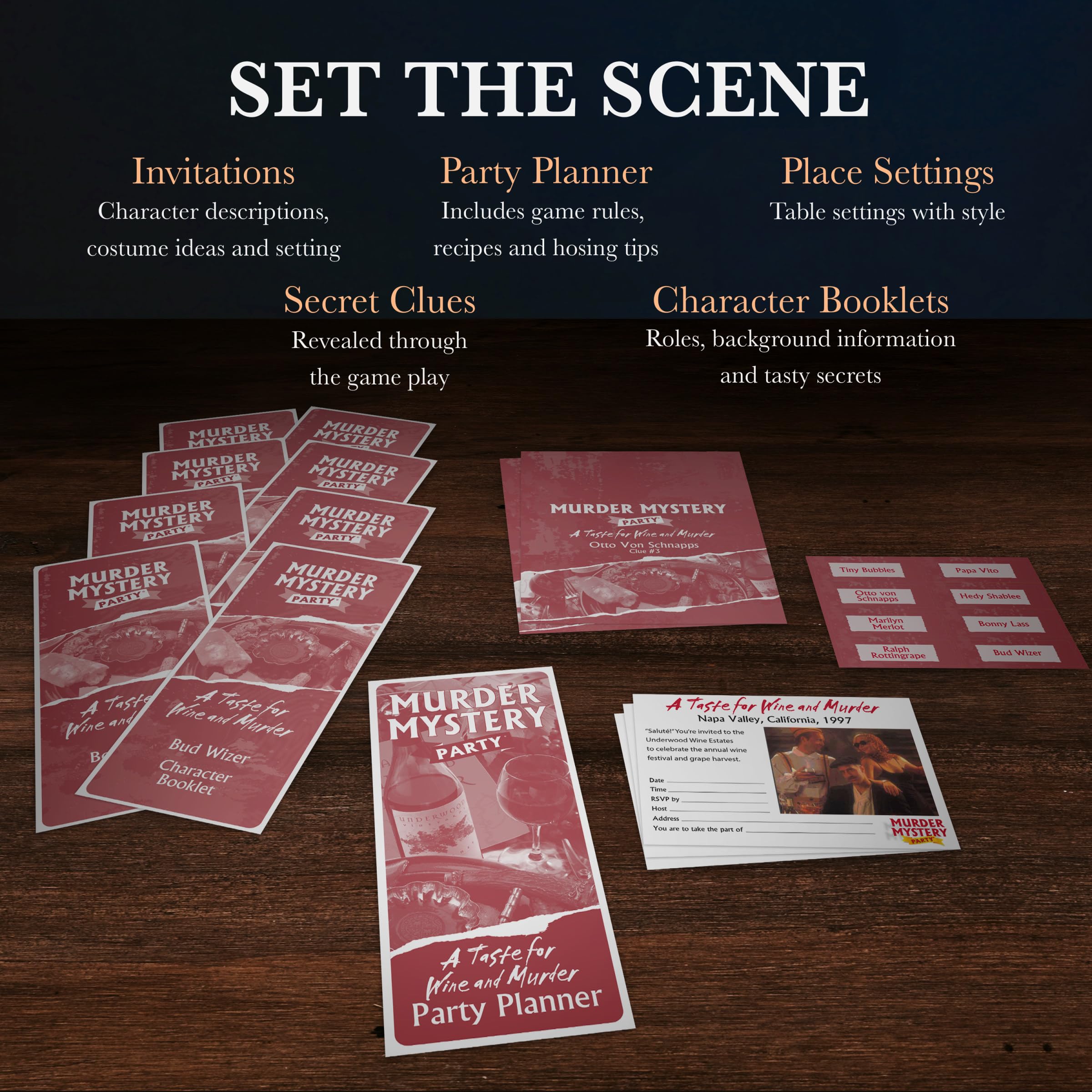 Nametags and crime clues from University Games aiding smooth role play