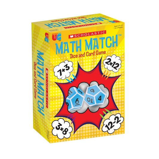 University Games Scholastic Math Match dice and cards ready for quick math practice.