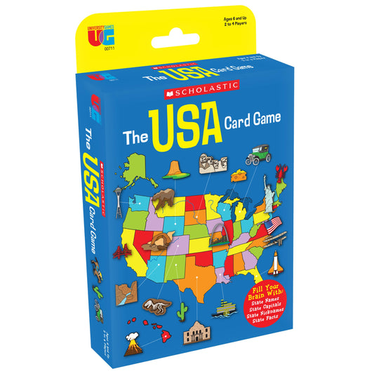 University Games Scholastic USA Travel Card Game front view, compact design for easy travel learning