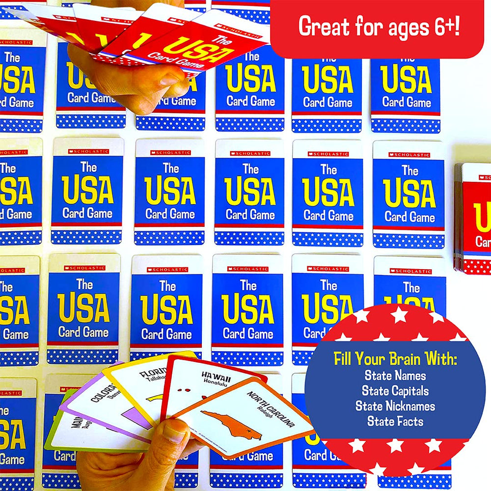 Kids playing University Games Scholastic USA Travel Card Game, exploring state capitals through interactive trivia