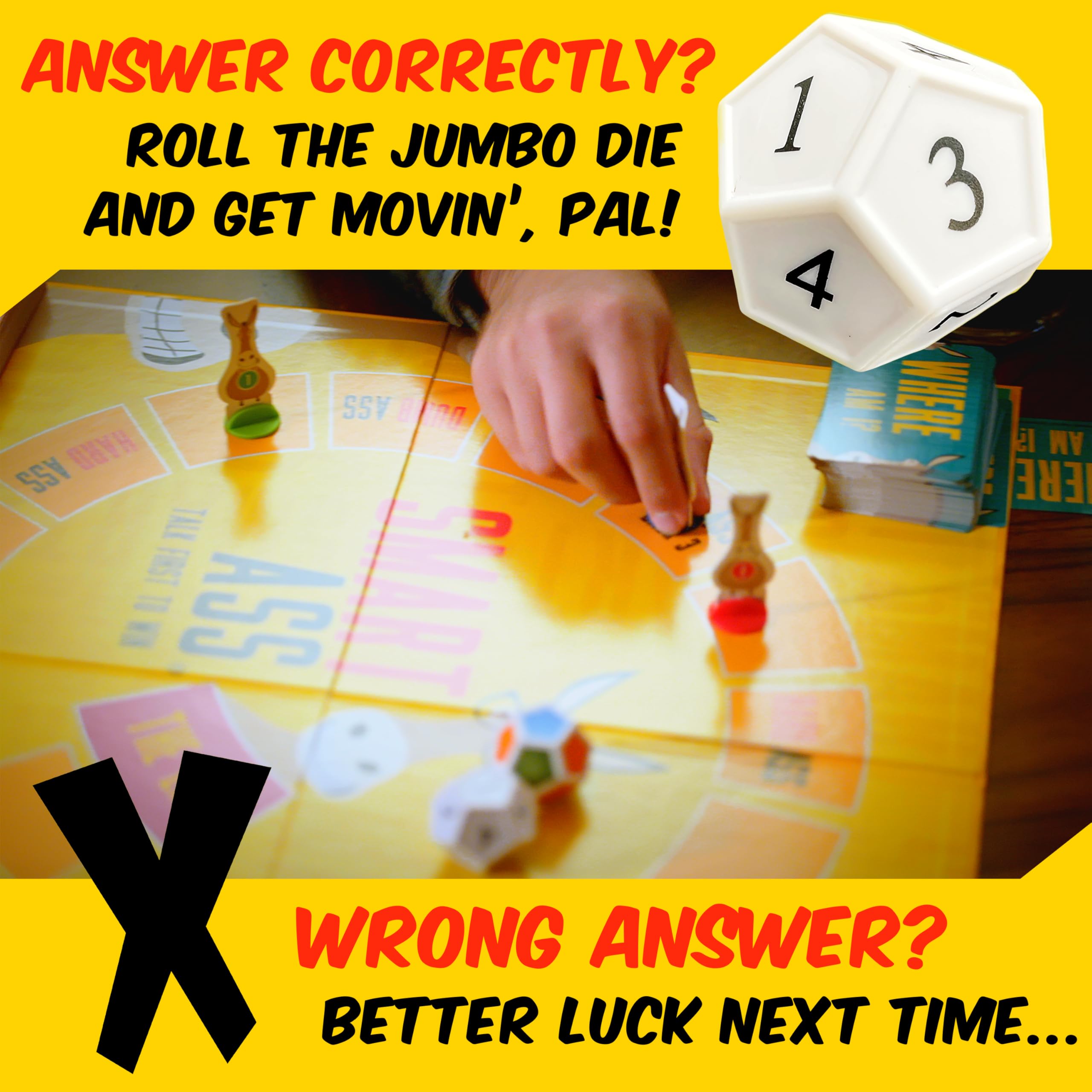 Close-up of Smart Ass Trivia question cards with bold text