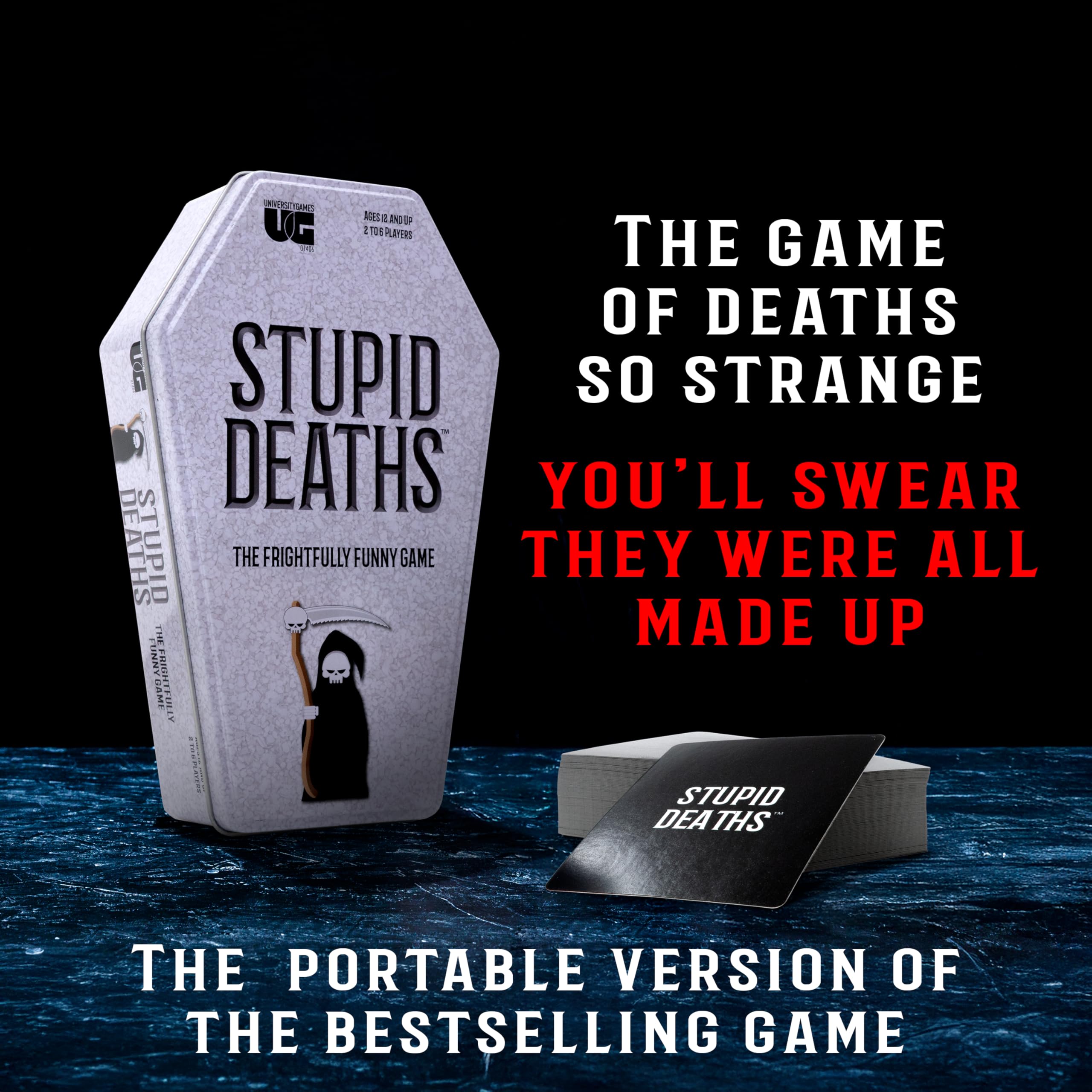 Stupid Deaths coffin tin beside a large format board game expansion.