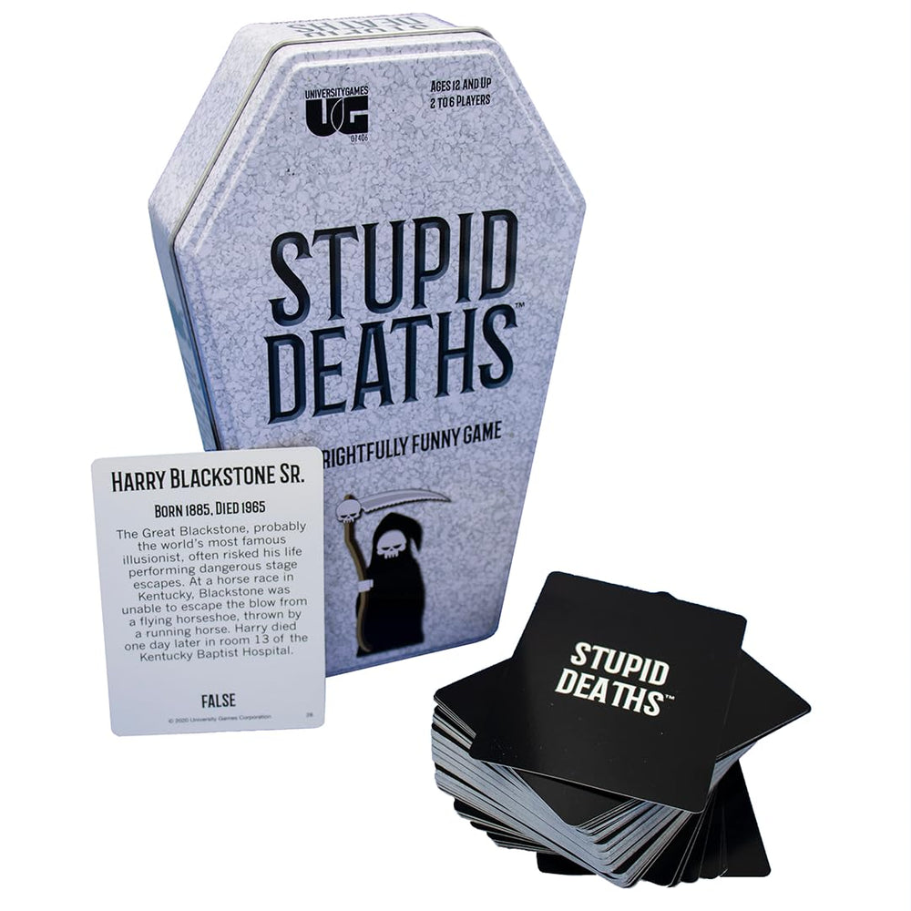 University Games Stupid Deaths coffin tin front view ready for game night.