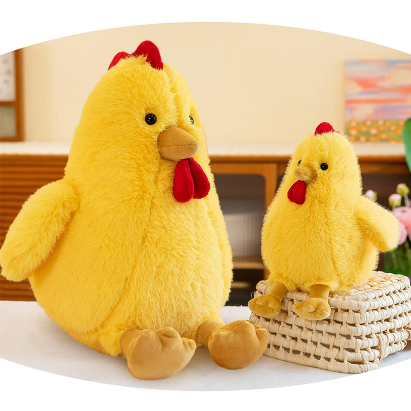 Uniwirtec chicken plush doll arrives vacuum-packed expands to fluff.