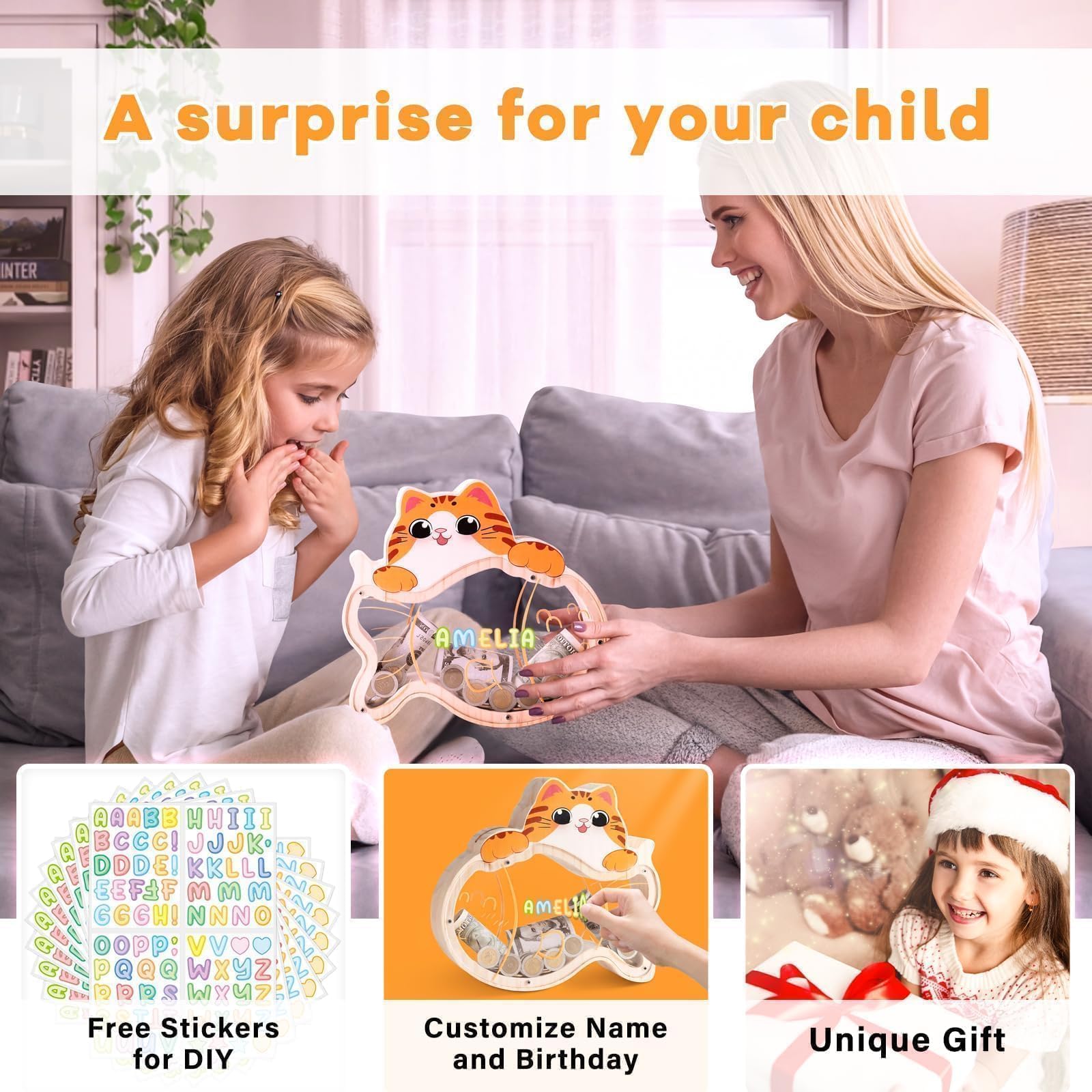 Uniwooder cat piggy bank on desk as playful home decor