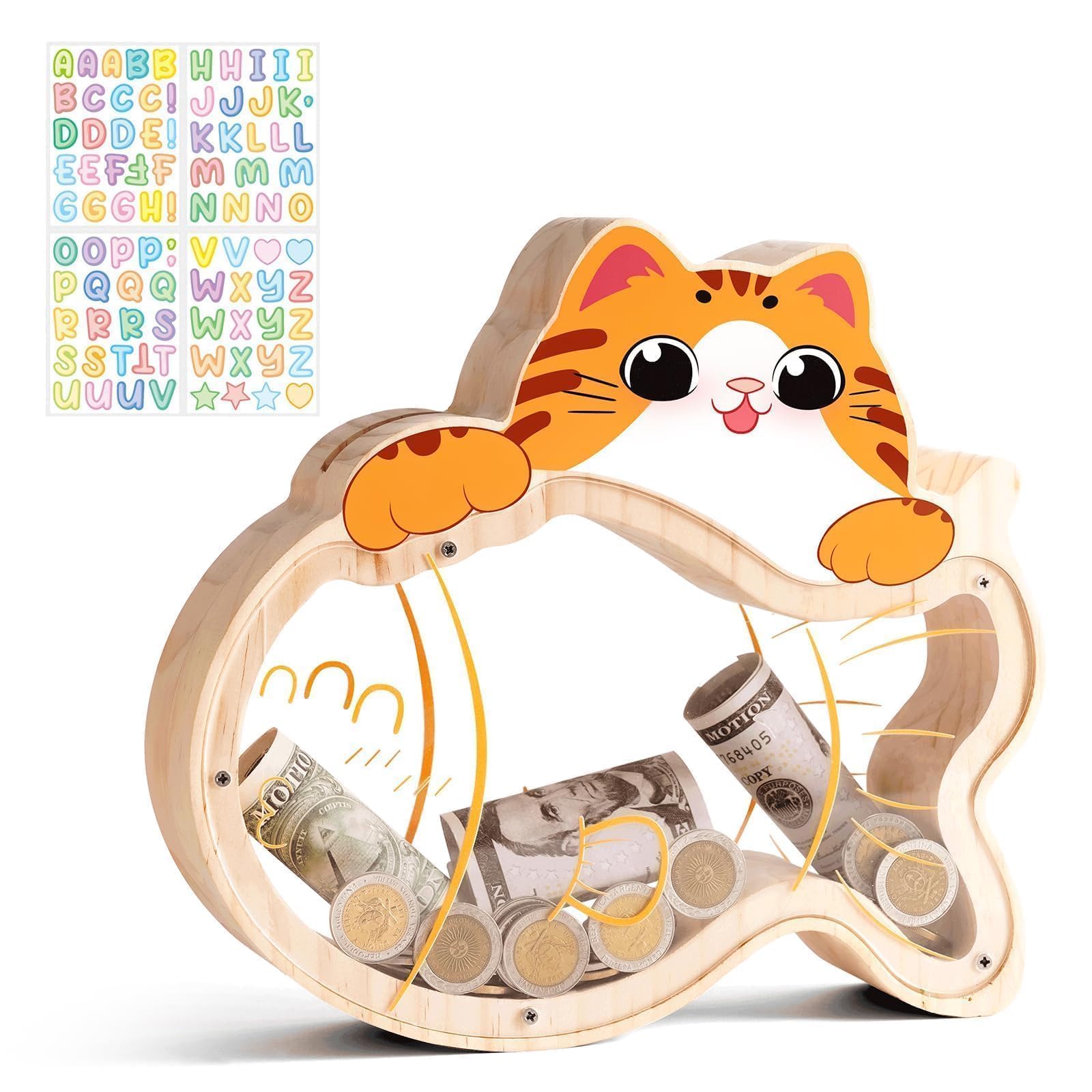 Uniwooder cat piggy bank wooden front view with large savings capacity for kids