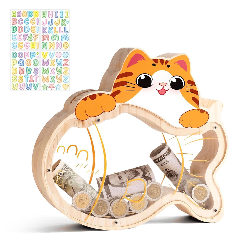 Uniwooder cat piggy bank wooden front view with large savings capacity for kids