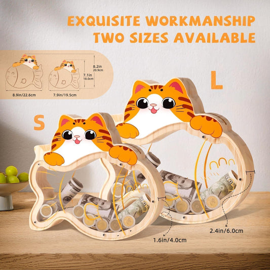 Uniwooder cat piggy bank wooden side view emphasizes durable build and room decor