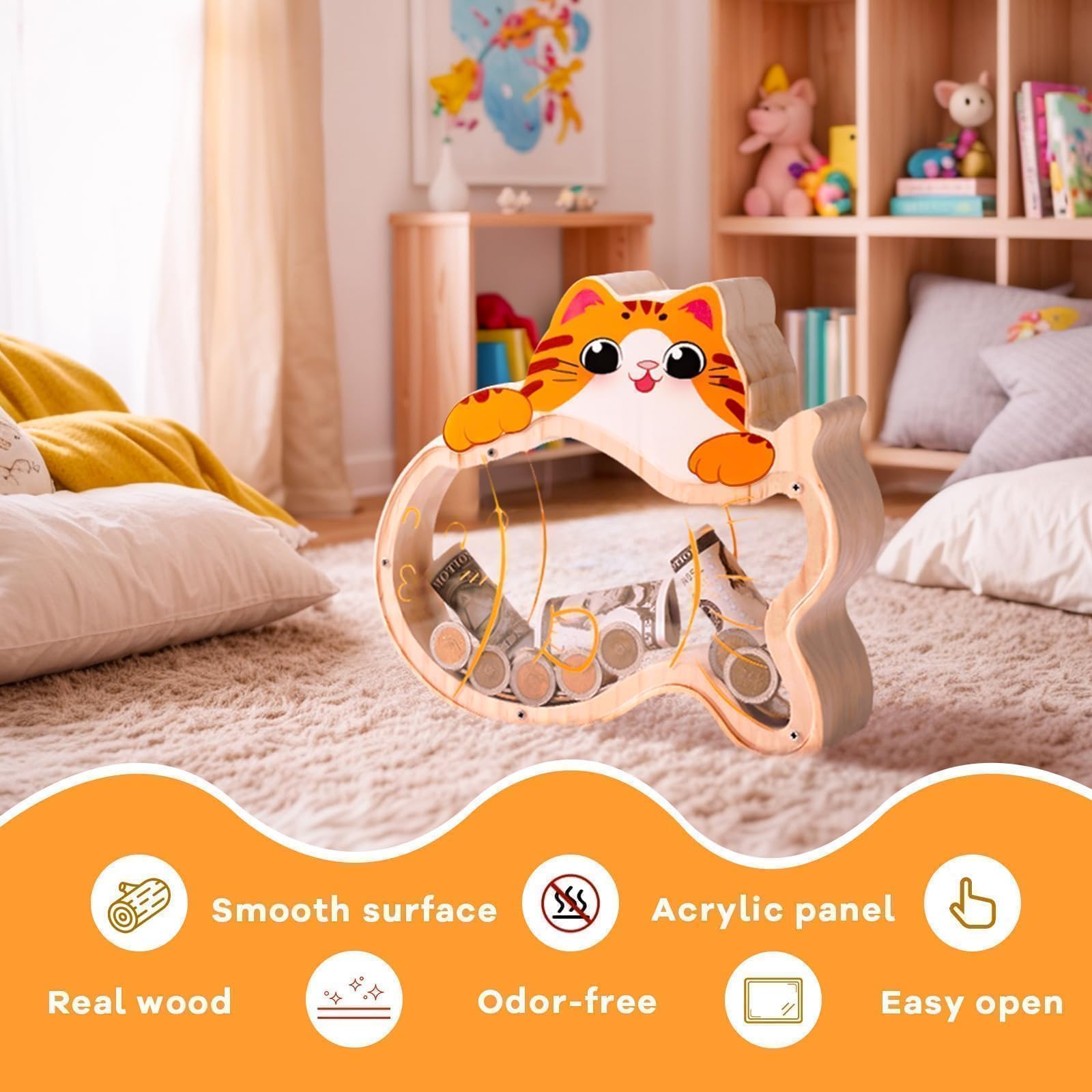 Uniwooder wooden piggy bank with acrylic window showing deposit progress