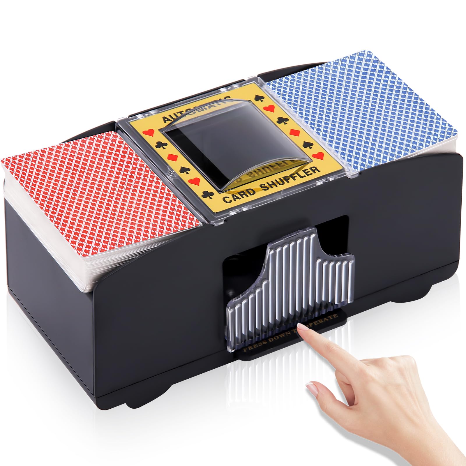 Unniweei automatic card shuffler front view, compact battery-powered for quick deck shuffles.