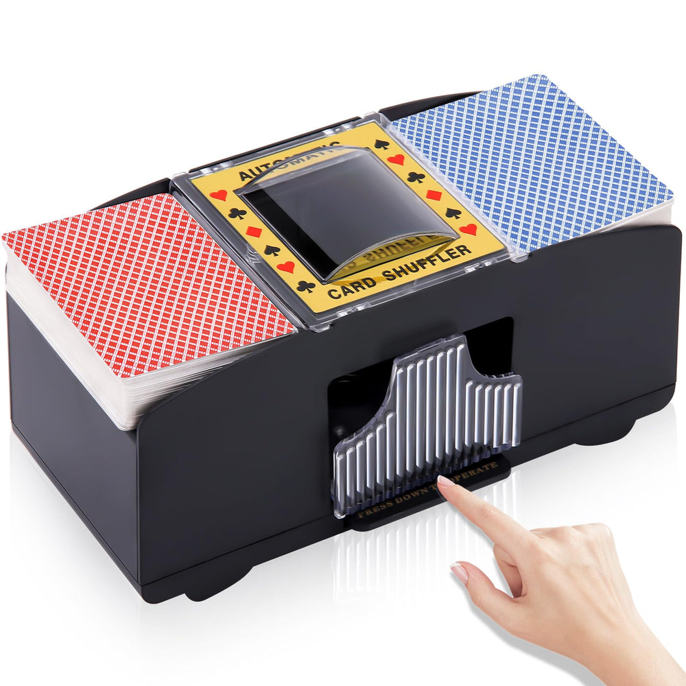 Unniweei automatic card shuffler front view, compact battery-powered for quick deck shuffles.