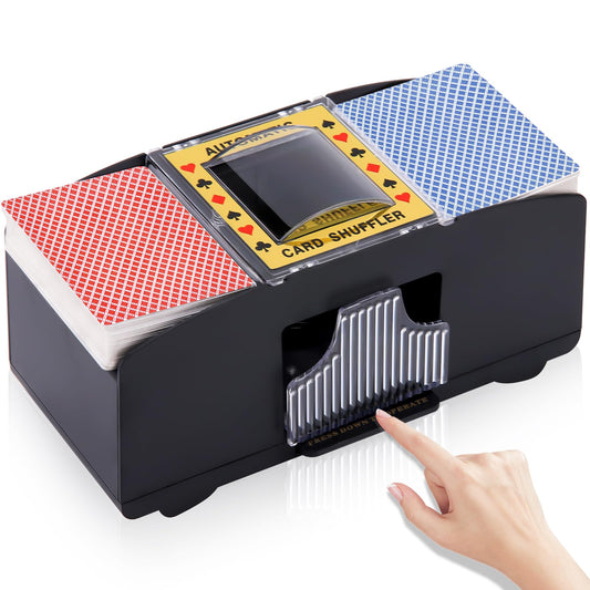 Unniweei automatic card shuffler front view, compact battery-powered for quick deck shuffles.
