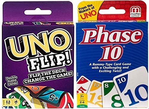 UNO Phase 10 and Uno Flip box back highlights rules and contents