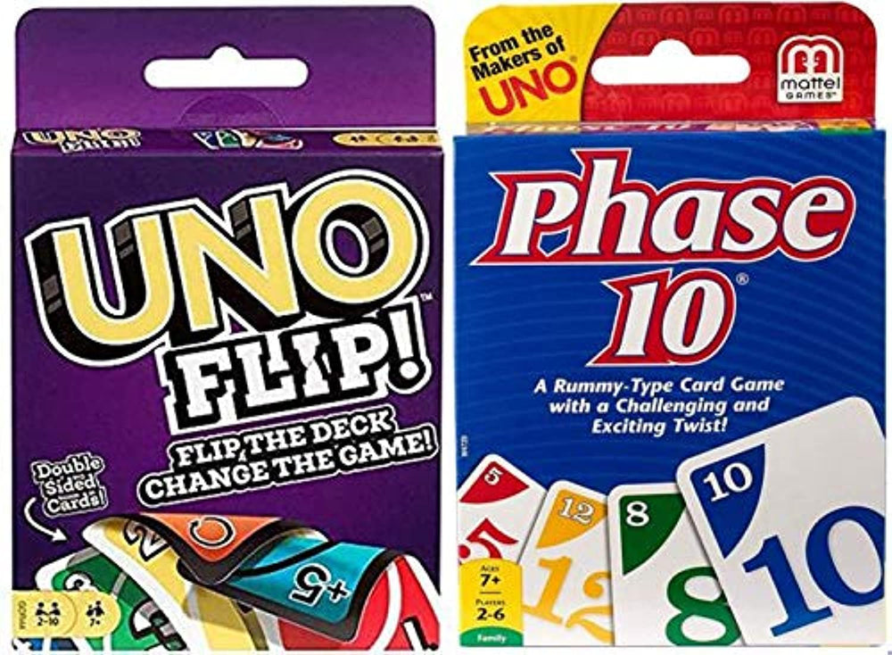 UNO Phase 10 and Uno Flip box front for quick family game night entertainment