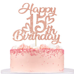 Unoggsor rose gold glitter happy 15th topper on cake adds luxe sparkle.