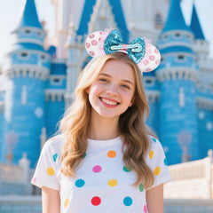 UNSPAZ mouse ears headband with sky blue sequined bow adds sparkle for parties.