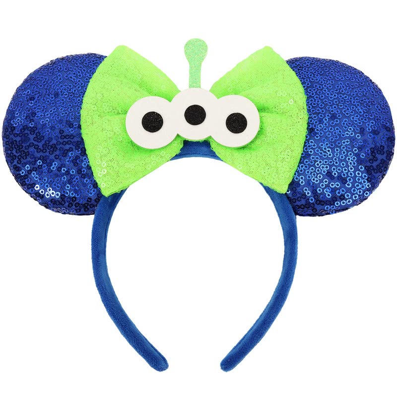 UNSPAZ mouse ears headband with sequin blue ears and bow for sparkling cosplay