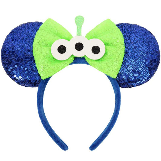UNSPAZ mouse ears headband with sequin blue ears and bow for sparkling cosplay