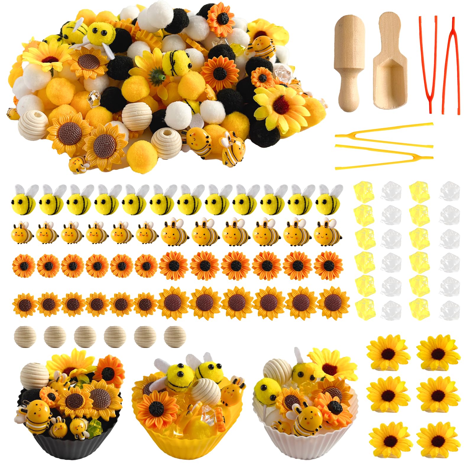 Unvola bee sensory bin with pom poms for sorting and color recognition.