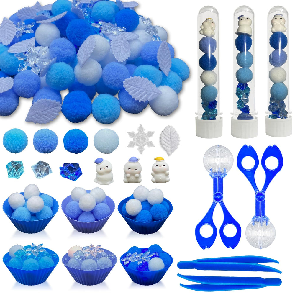 Unvola winter pom poms for soft tactile play and color sorting in a sensory bin.