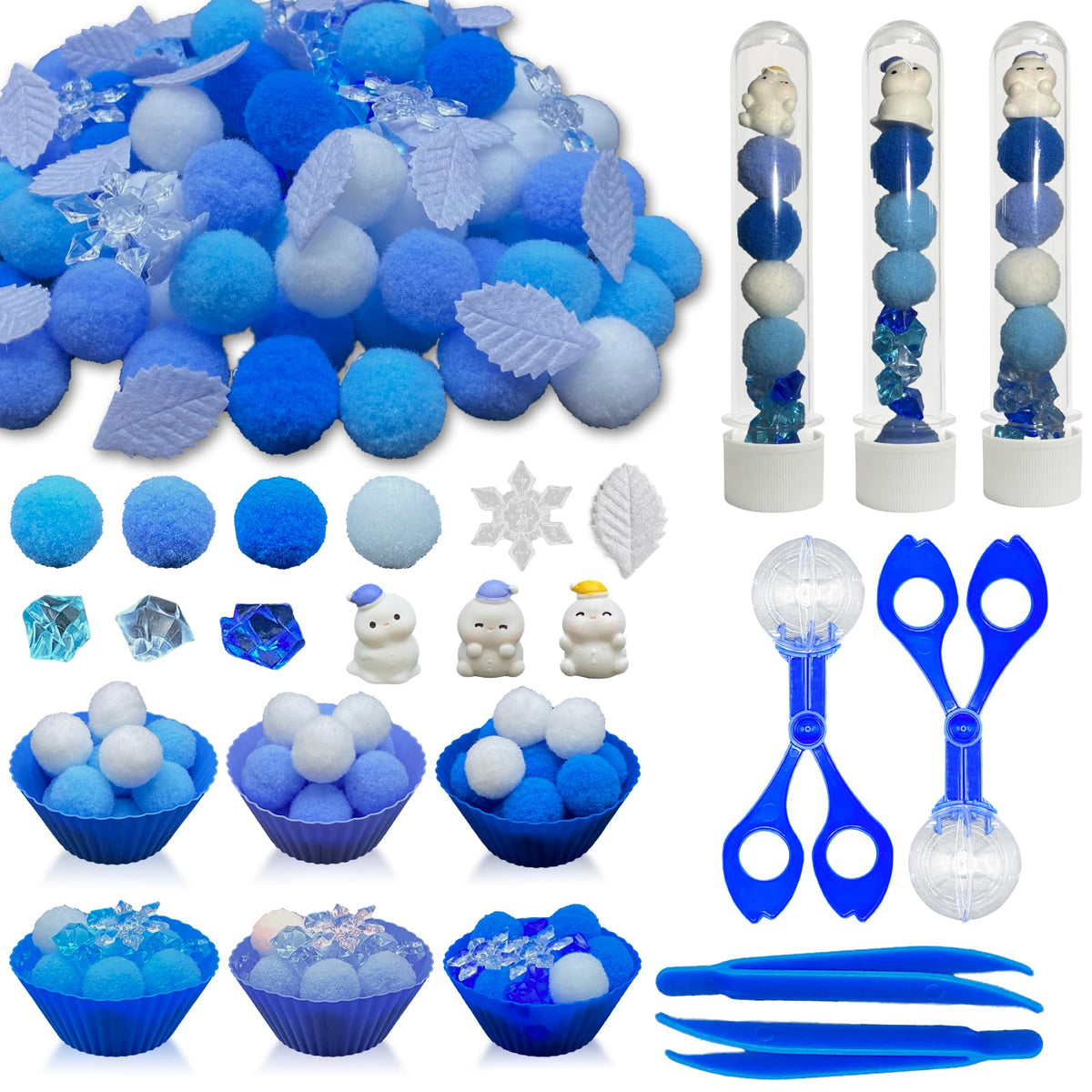 Unvola winter pom poms for soft tactile play and color sorting in a sensory bin.