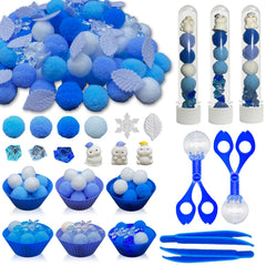 Unvola winter pom poms for soft tactile play and color sorting in a sensory bin.