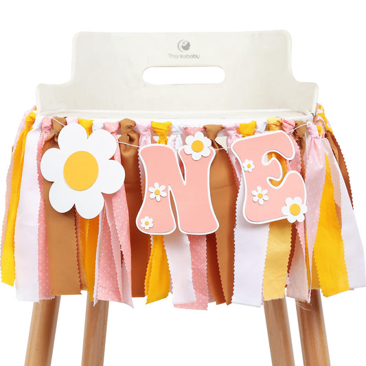 UOAOU Groovy One banner for highchair adds festive flair to a first birthday.