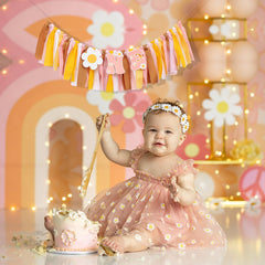 UOAOU Groovy One cake smash backdrop enhances photo moments.