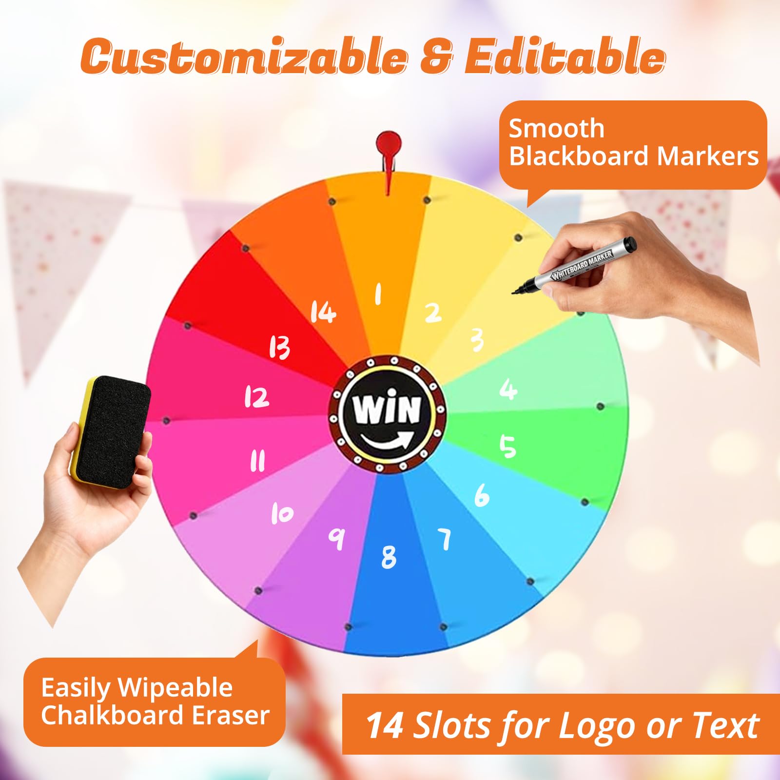 Uojim prize wheel spinner with erasable marker enables quick slot customization.