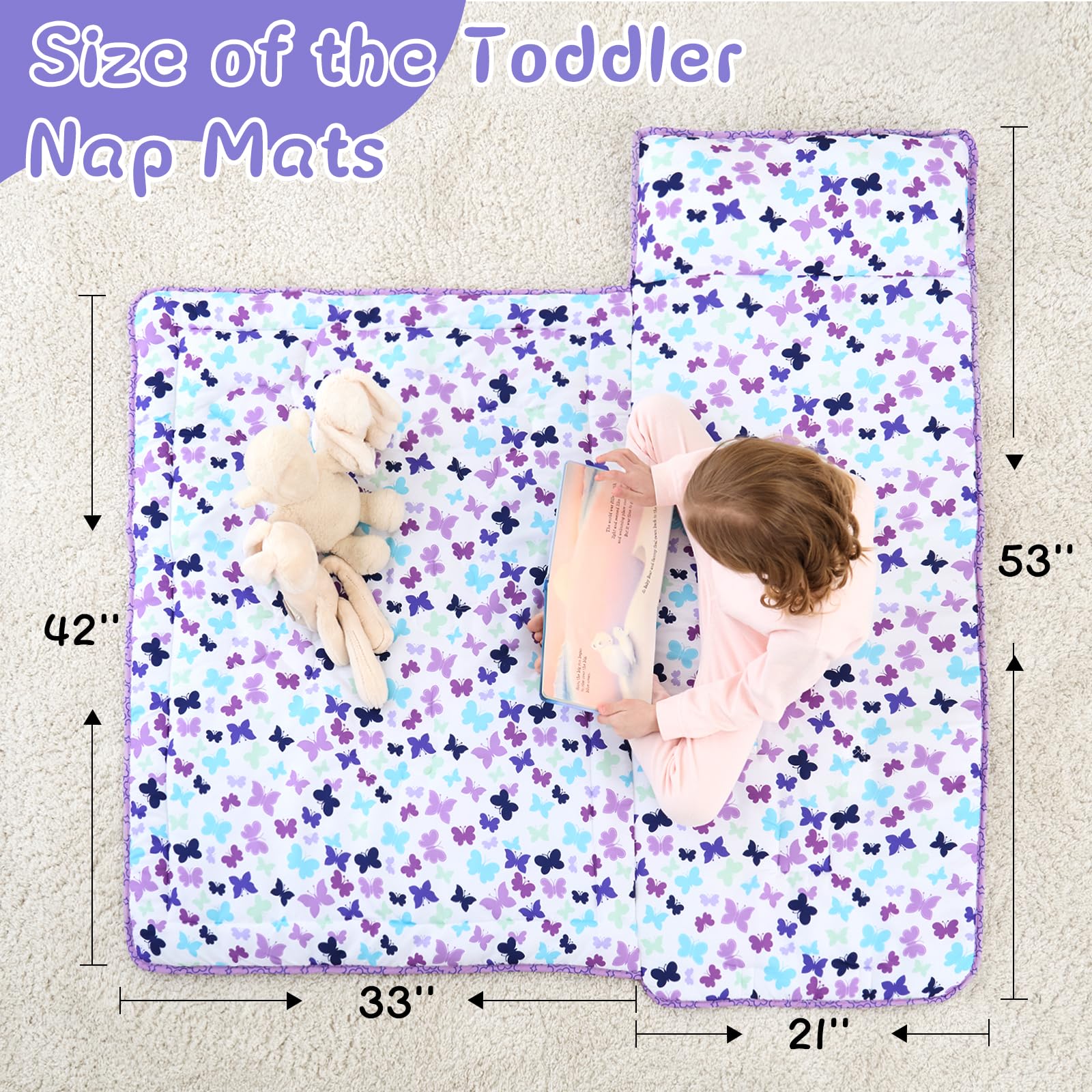 UOMNY butterfly purple nap mat laid flat, showing cozy microfiber surface.
