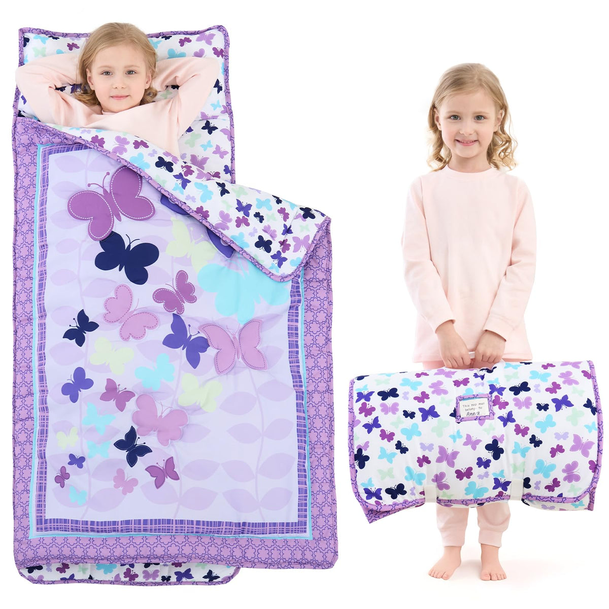 UOMNY butterfly purple nap mat rolled for easy daytime transport and daycare use.