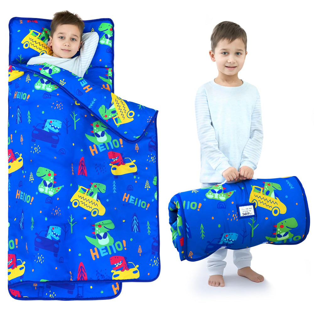 UOMNY toddler nap mat with blue dinosaur illustration for cozy naptime at daycare