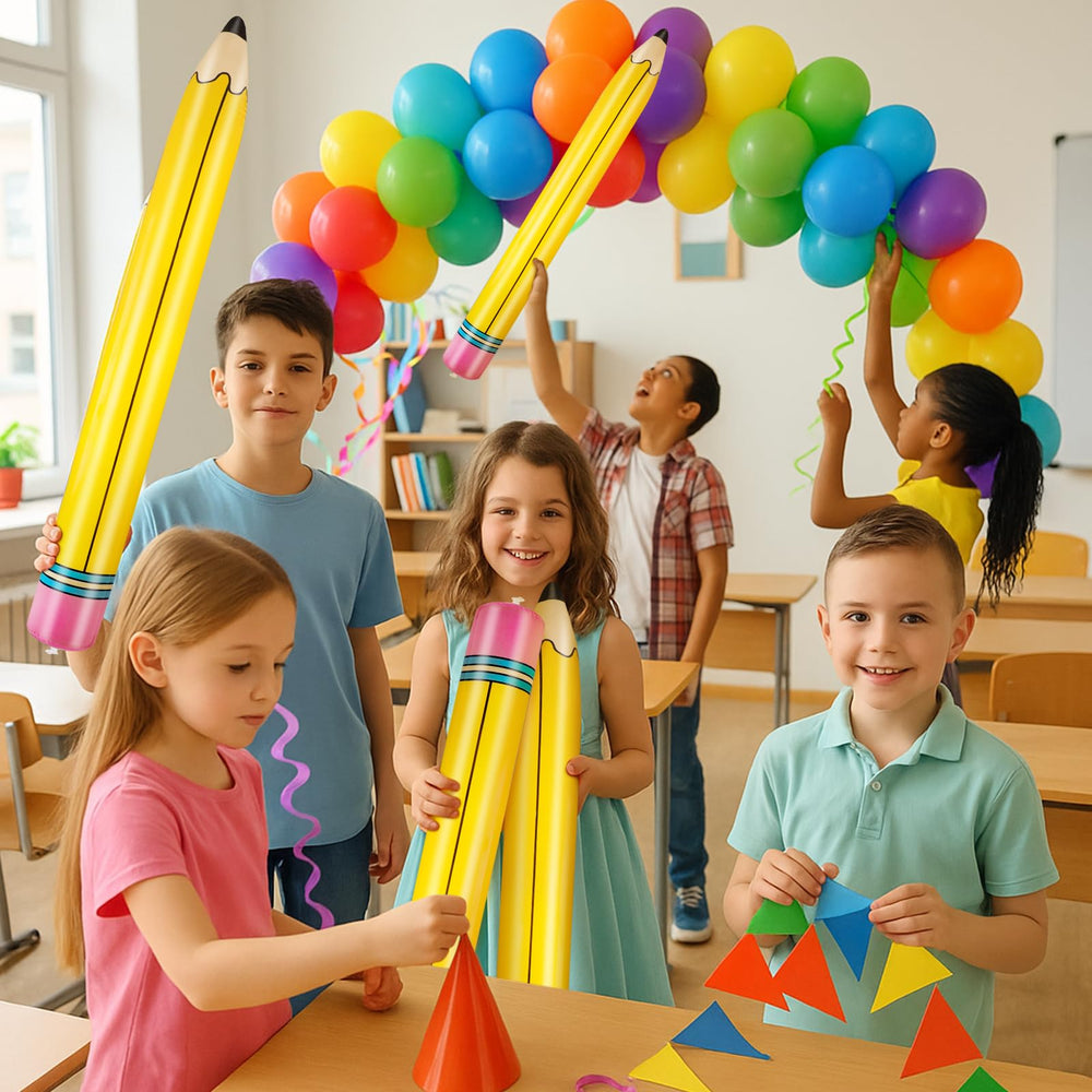 UooEA classroom decor with giant pencil inflatables on display.