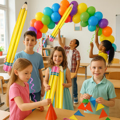 UooEA classroom decor with giant pencil inflatables on display.