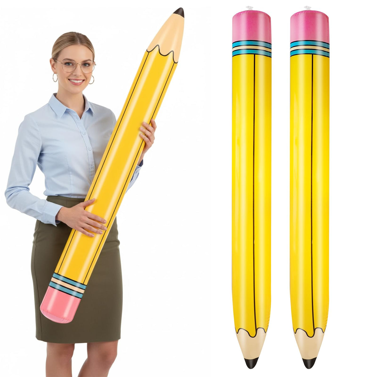 UooEA giant yellow inflatable pencil, 43 inches tall, ideal for classroom decor.