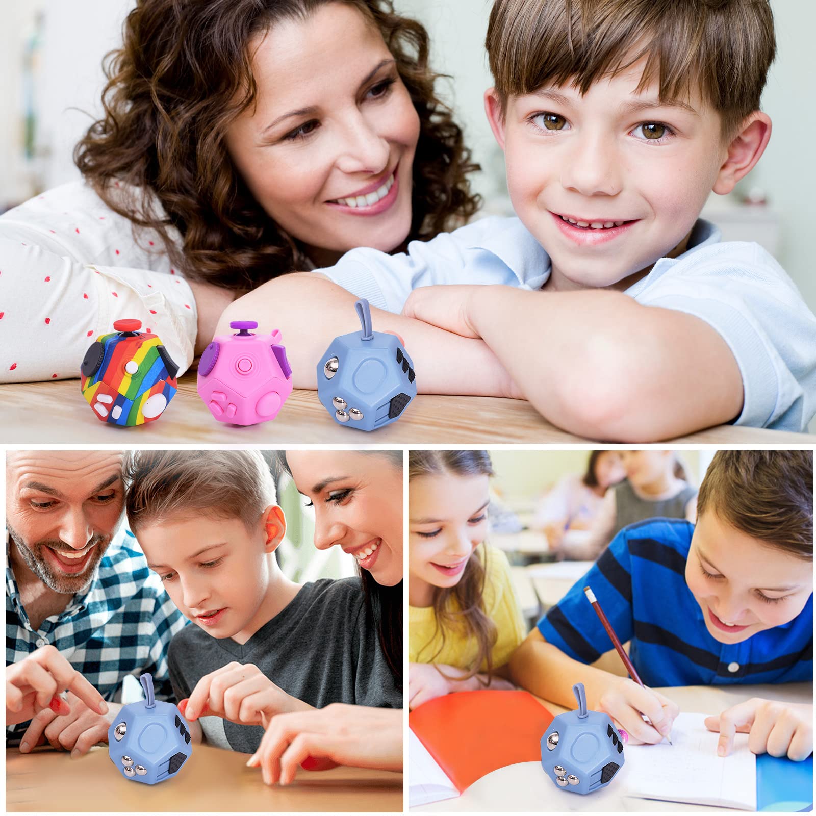 UOOEFUN grey 12-sided fidget cube, discreet enough for classrooms or offices.