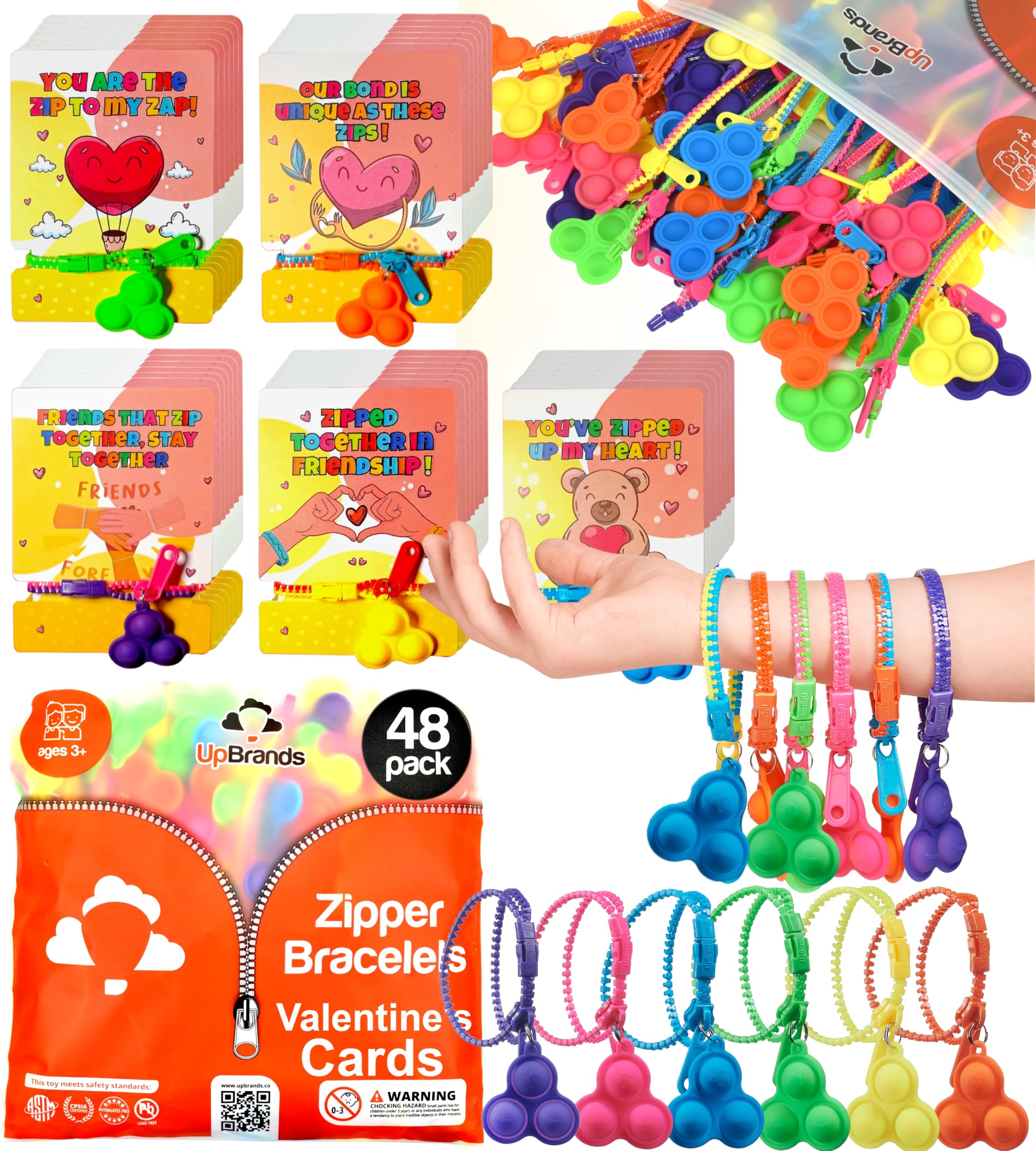 UpBrands valentines cards with pop-it bracelets for classroom exchanges.