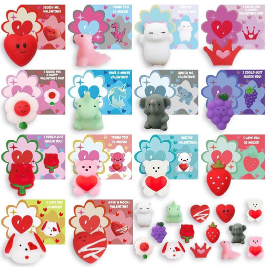 UPINLOOK valentines squishy toys assortment for kids, colorful animals, ideal classroom prizes and party favors.
