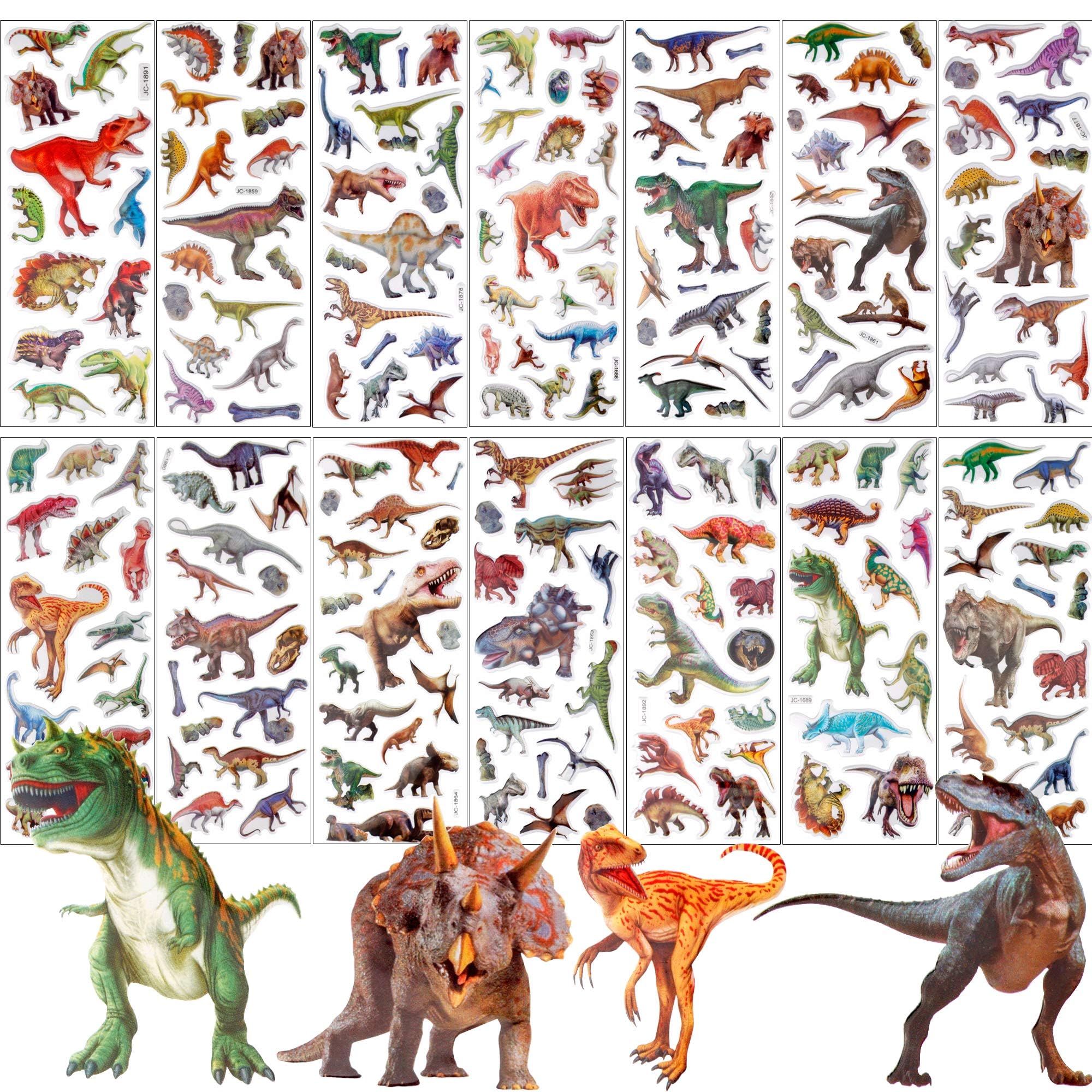 UPINS dinosaur stickers pack shows 14 sheets with vibrant designs for kids' crafts.