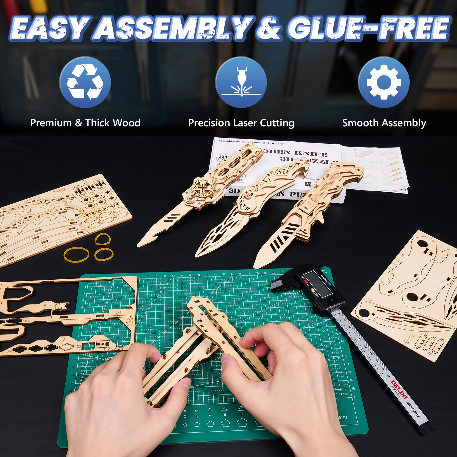 UPLIKE puzzle knife assembly progress showing modular joints