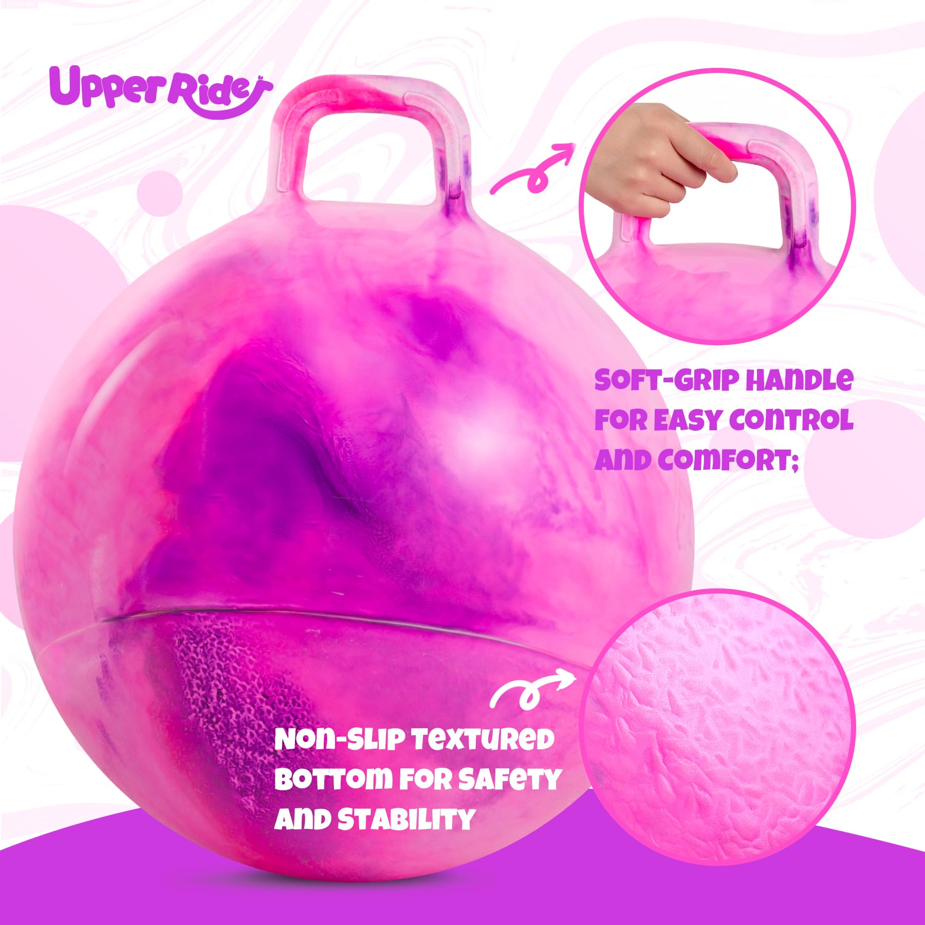 Upper Rider hopper ball features textured grip handle for secure bouncing.